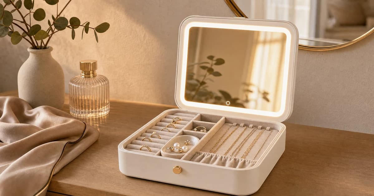 Joyero blanco abierto con espejo iluminado LED, anillos y collares organizados en compartimentos sobre tocador