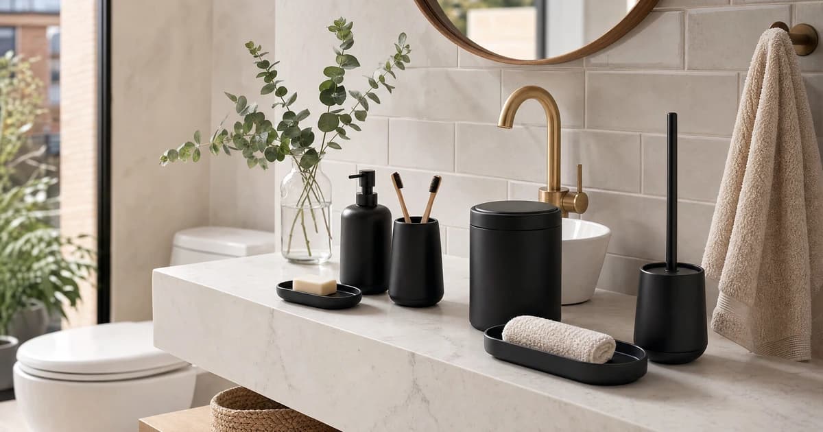 Baño pequeño organizado en blanco y negro con set de 6 piezas mate sobre lavamanos flotante