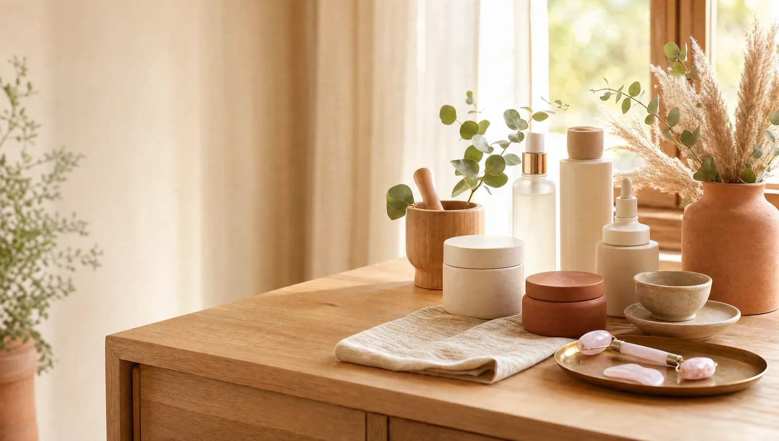 Productos de belleza y cuidado personal sobre fondo cálido y elegante