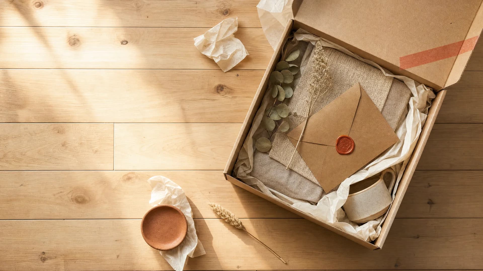 Caja kraft abierta con detalles del hogar sobre piso de madera
